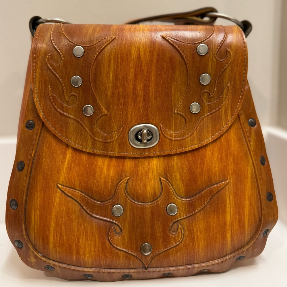Vintage Artisan Hand Tooled Leather Western Saddle Longhorn Boho Shoulder Bag
